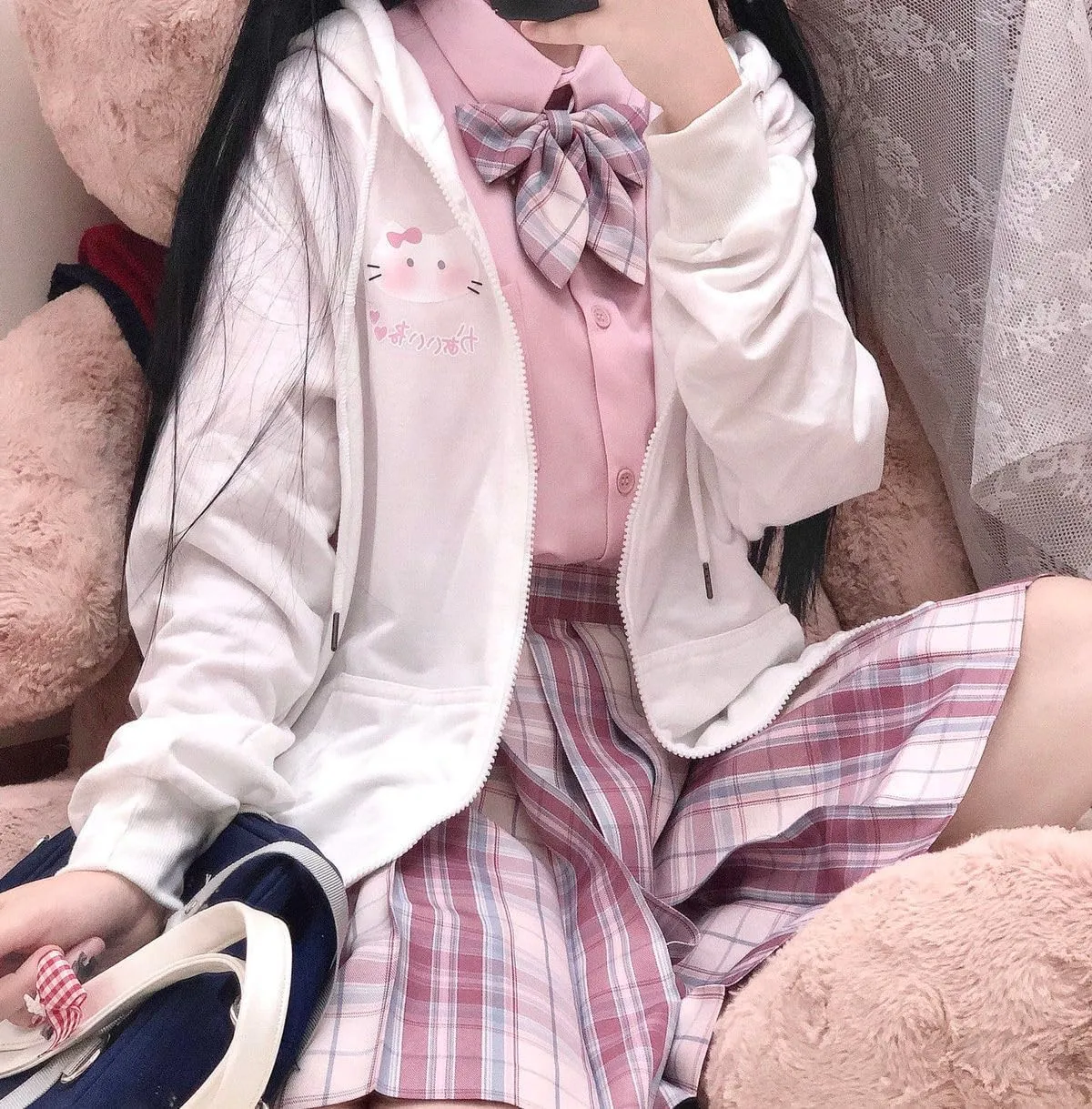 Cute Oversized Zip Up Hoodie for Women Japanese Kawaii Cartoon Cat Sweatshirts Preppy Aesthetic Pockets Cotton Tops