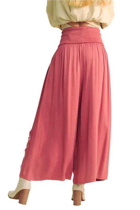 Davi & Dani Smocked Waist Flower Patch Wide Leg Pants