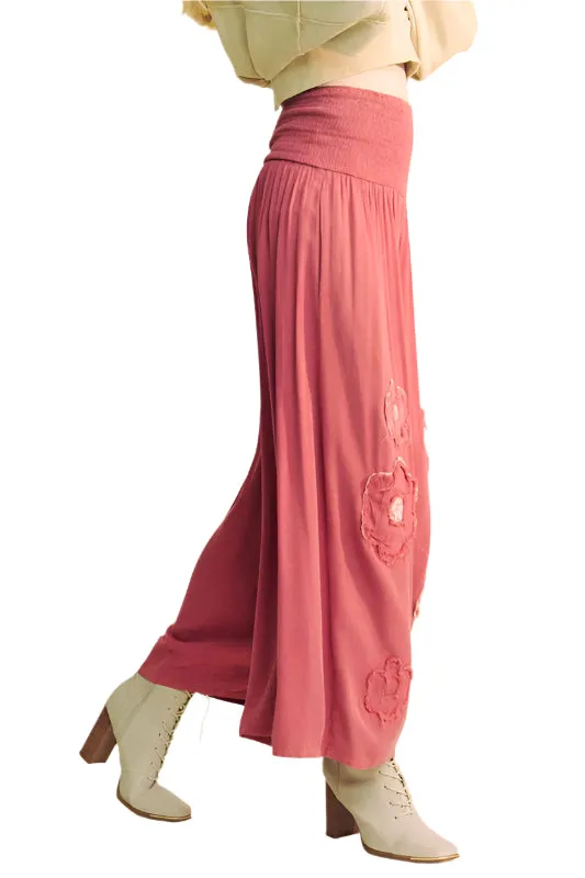 Davi & Dani Smocked Waist Flower Patch Wide Leg Pants