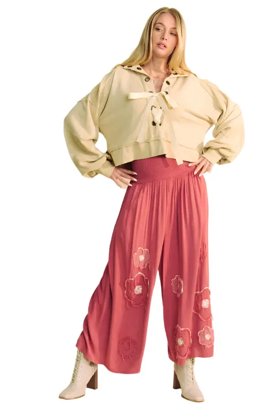 Davi & Dani Smocked Waist Flower Patch Wide Leg Pants
