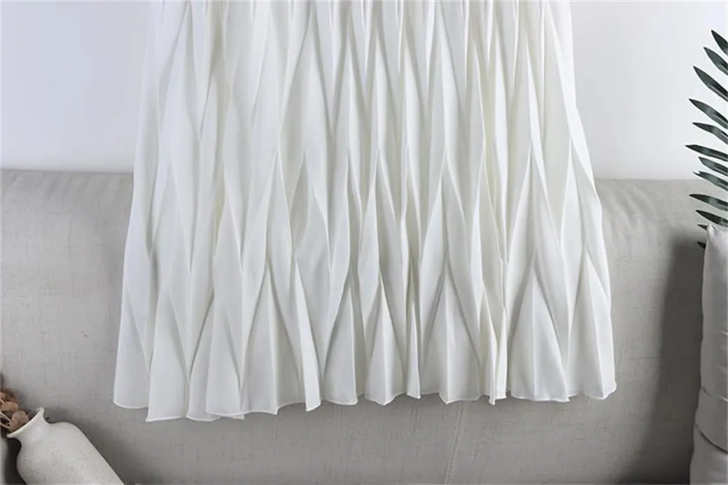DBFBDTU Rhombus Pleated Long Skirt Women Solid A Line High Waist Midi Skirt Female
