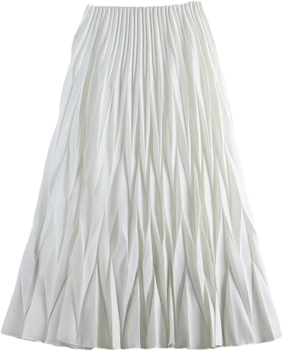 DBFBDTU Rhombus Pleated Long Skirt Women Solid A Line High Waist Midi Skirt Female