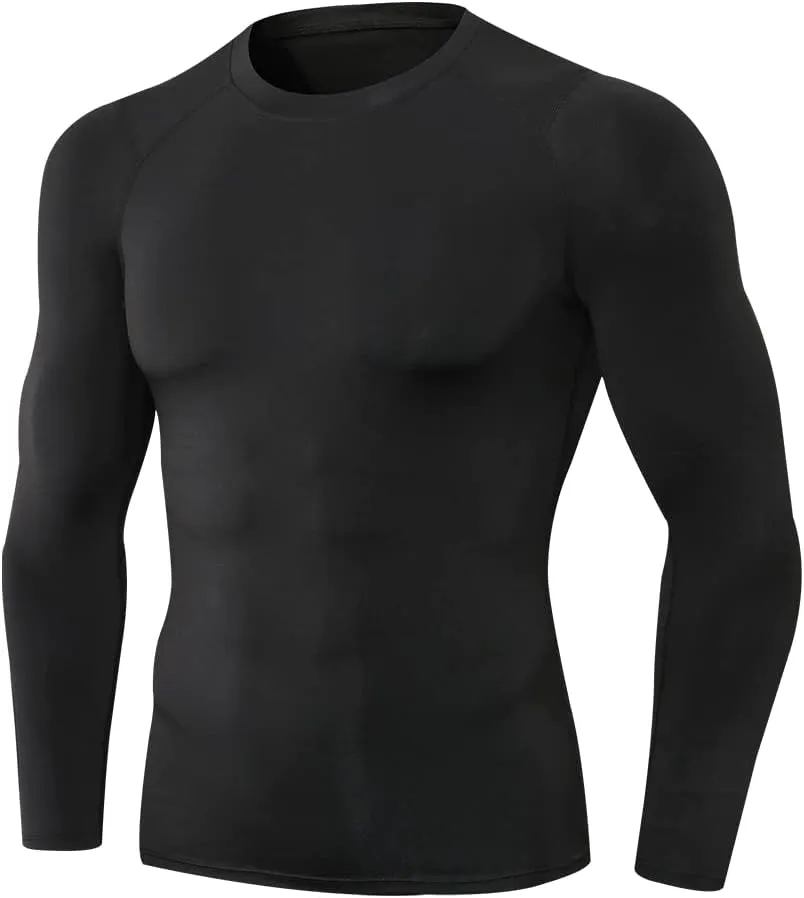 EARGFM Men's Sports Compression Shirt Running Workout Long Sleeve Quick Dry Base Layer Active Athletic Gym, 01#black, Medium