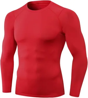 EARGFM Men's Sports Compression Shirt Running Workout Long Sleeve Quick Dry Base Layer Active Athletic Gym, 01#red, Large