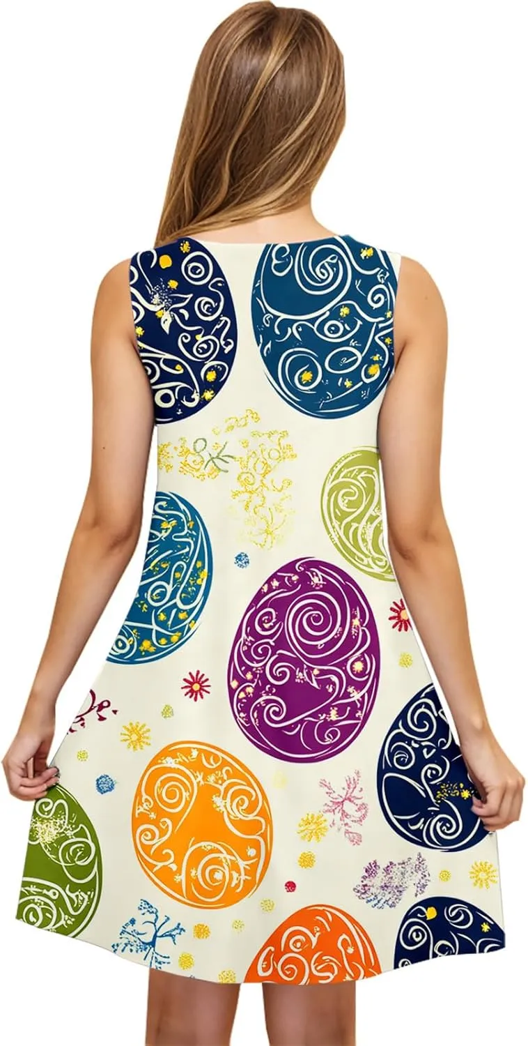 Easter Dresses for Women 2025 Cute Graphic Sleeveless Tank Dress Casual Summer Beach Sundress Vacation Outfits