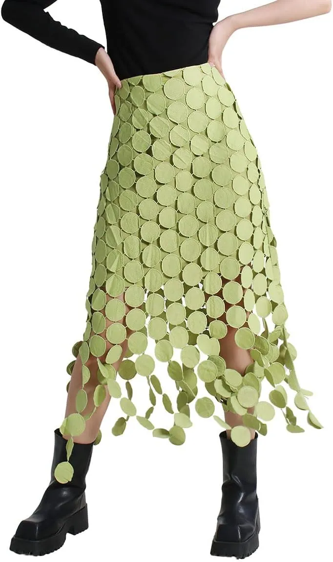 ebossy Women Flowy Polka Dot Fringe Long Skirt High Waist A Line Tassel Trim Cocktail Party Midi Skirt
