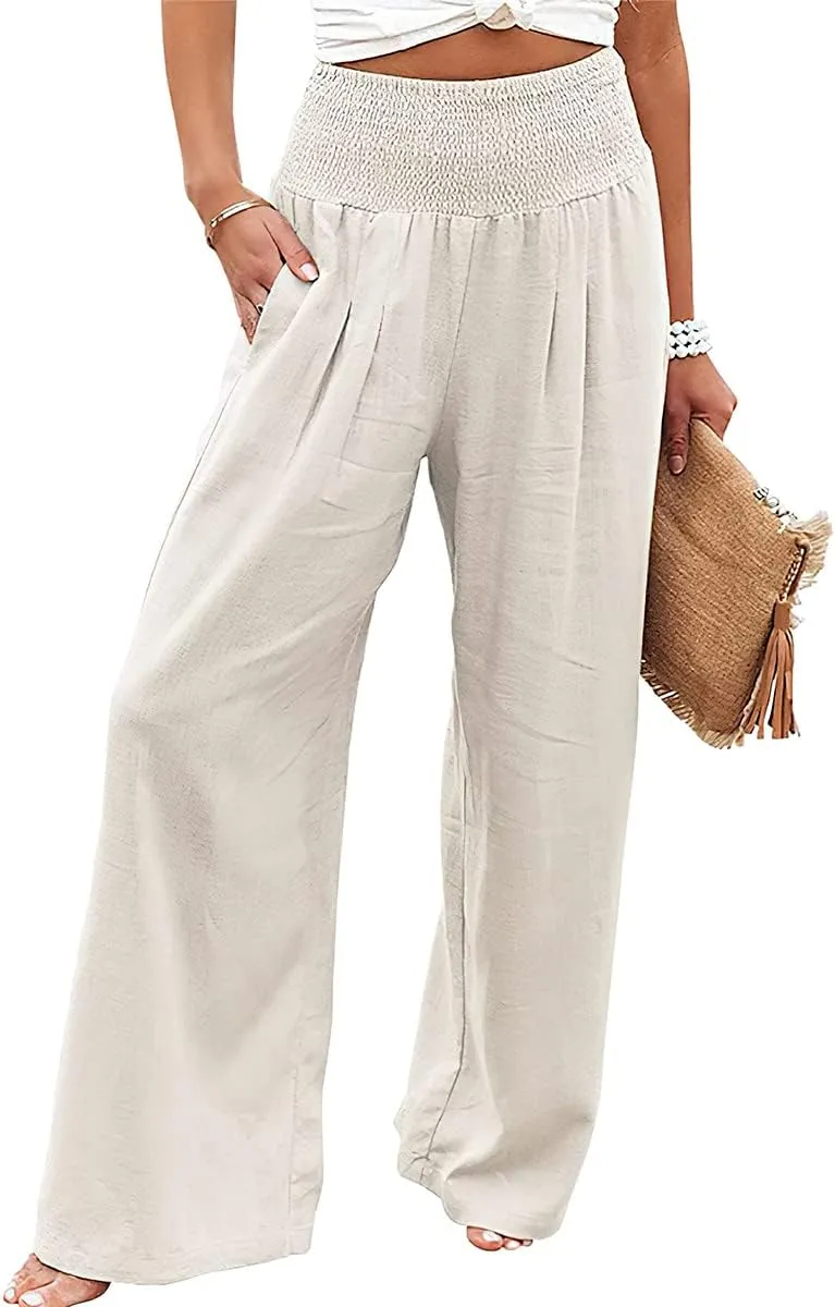 ebossy Women's Cotton Linen Casual Pants Wide Leg High Waist Long Palazzo Trousers with Pockets