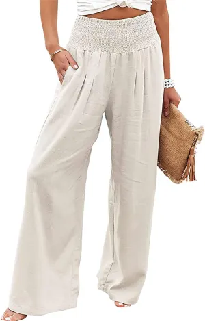 ebossy Women's Cotton Linen Casual Pants Wide Leg High Waist Long Palazzo Trousers with Pockets