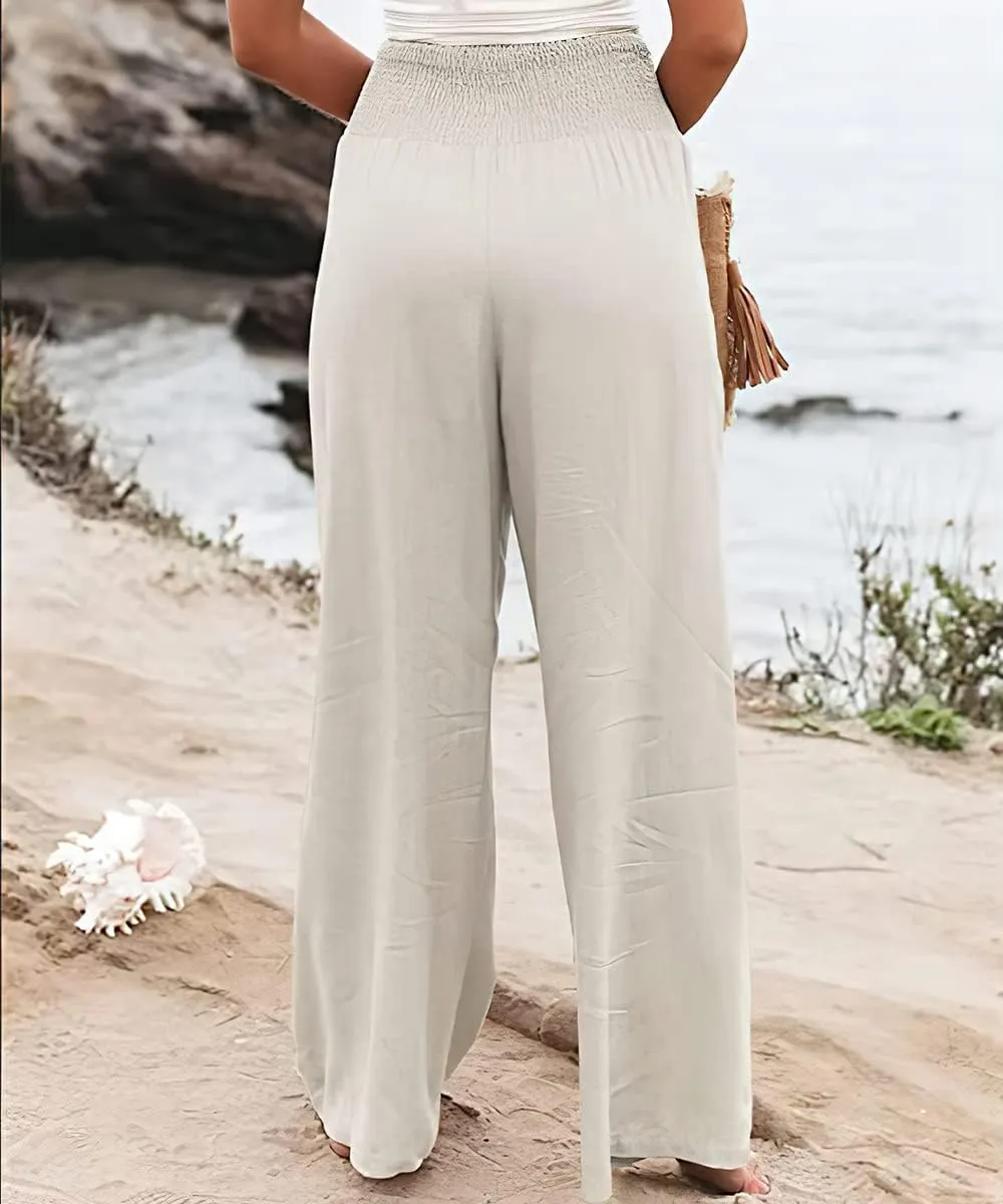 ebossy Women's Cotton Linen Casual Pants Wide Leg High Waist Long Palazzo Trousers with Pockets