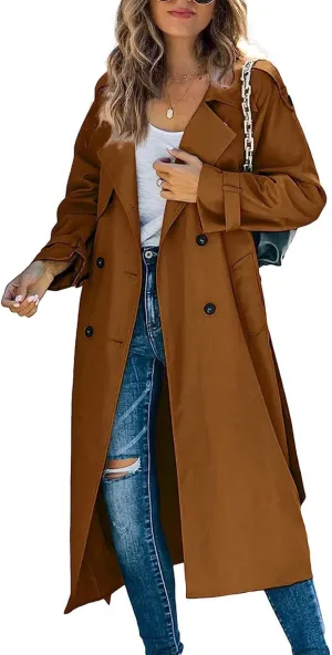 ebossy Women's Double Breasted Duster Trench Coat Classic Lapel Slim Maxi Long Windproof Overcoat with Belt