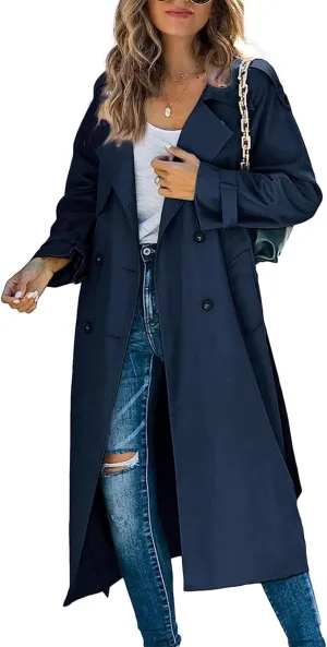 ebossy Women's Double Breasted Duster Trench Coat Classic Lapel Slim Maxi Long Windproof Overcoat with Belt