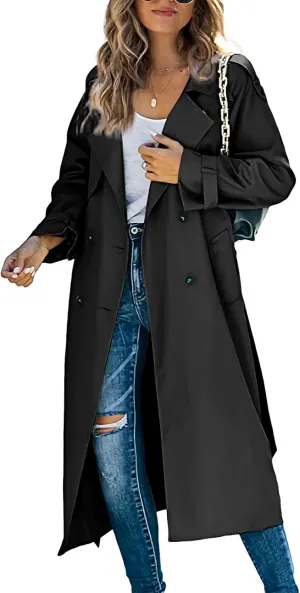 ebossy Women's Double Breasted Duster Trench Coat Classic Lapel Slim Maxi Long Windproof Overcoat with Belt
