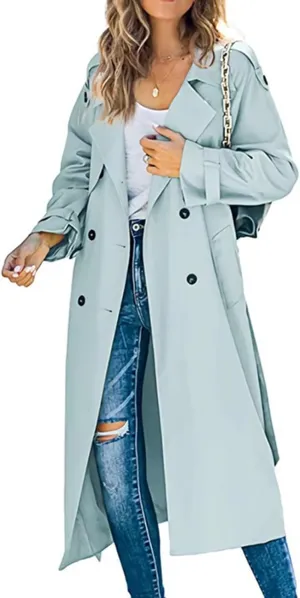ebossy Women's Double Breasted Duster Trench Coat Classic Lapel Slim Maxi Long Windproof Overcoat with Belt