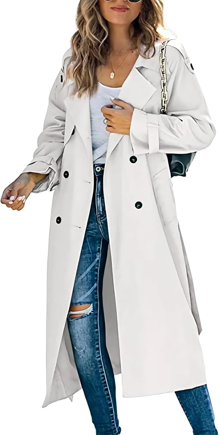 ebossy Women's Double Breasted Duster Trench Coat Classic Lapel Slim Maxi Long Windproof Overcoat with Belt