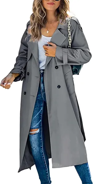 ebossy Women's Double Breasted Duster Trench Coat Classic Lapel Slim Maxi Long Windproof Overcoat with Belt