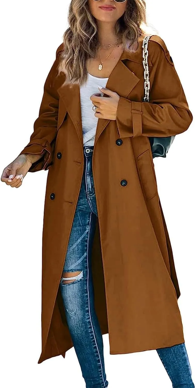 ebossy Women's Double Breasted Duster Trench Coat Classic Lapel Slim Maxi Long Windproof Overcoat with Belt