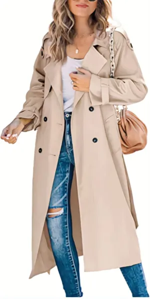 ebossy Women's Double Breasted Duster Trench Coat Classic Lapel Slim Maxi Long Windproof Overcoat with Belt