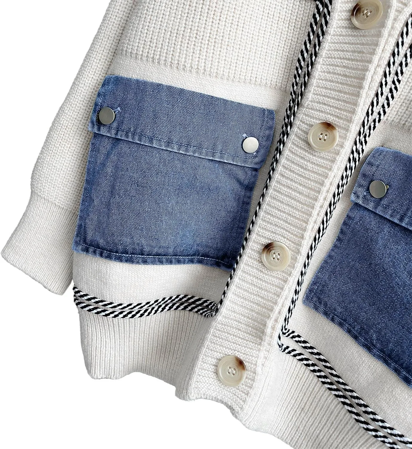 ebossy Women's Spliced Denim Pockets Knit Cardigan Button Down Slouchy Stripe Sweater Outwear