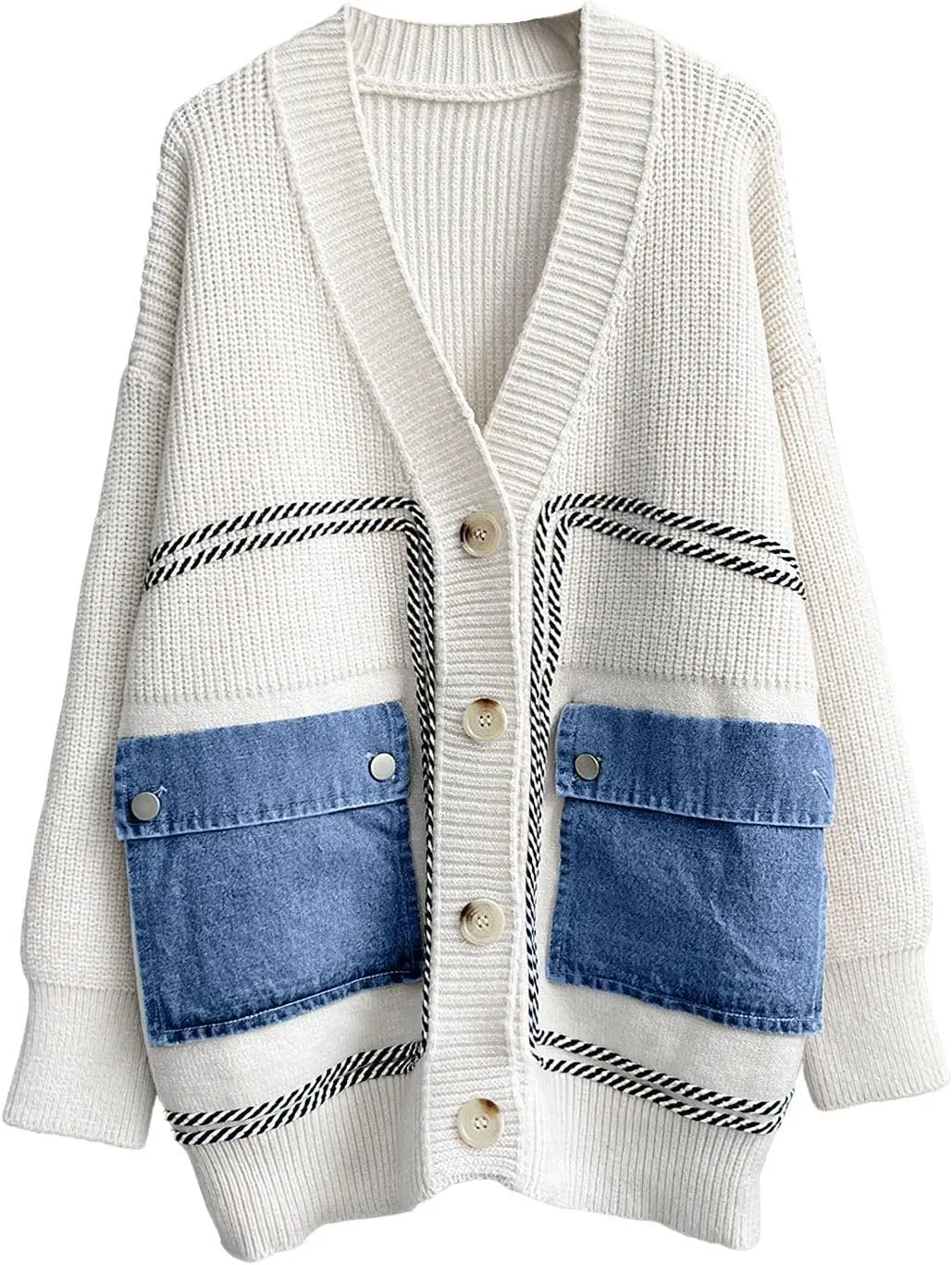 ebossy Women's Spliced Denim Pockets Knit Cardigan Button Down Slouchy Stripe Sweater Outwear