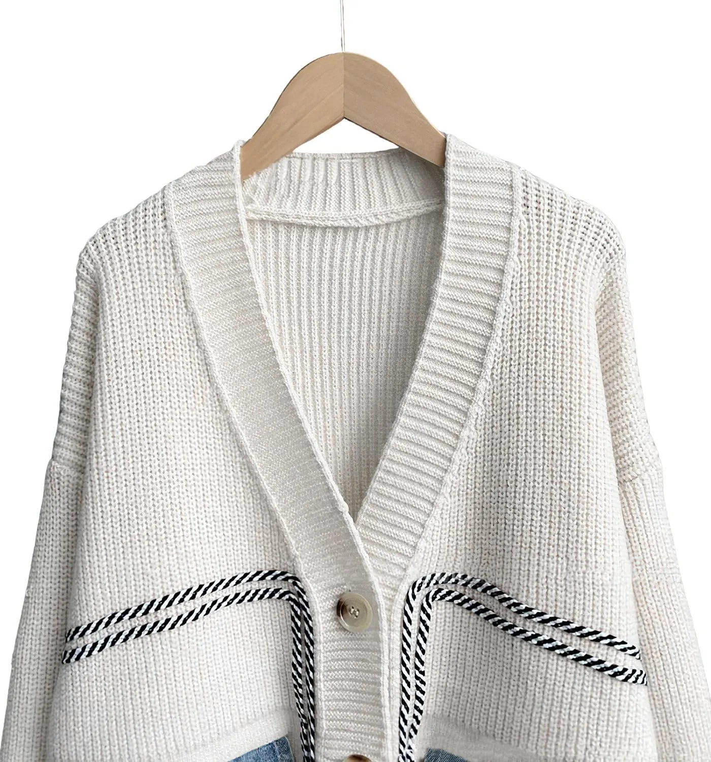 ebossy Women's Spliced Denim Pockets Knit Cardigan Button Down Slouchy Stripe Sweater Outwear