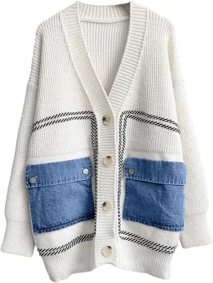 ebossy Women's Spliced Denim Pockets Knit Cardigan Button Down Slouchy Stripe Sweater Outwear