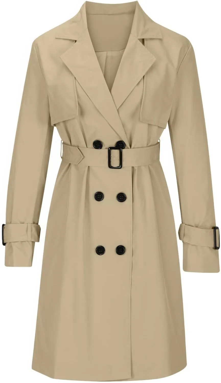 ebossy Women's Trench Coat Double Breasted Windbreaker Classic Lapel Mid Long Outwear with Belt