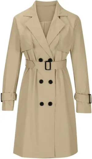 ebossy Women's Trench Coat Double Breasted Windbreaker Classic Lapel Mid Long Outwear with Belt