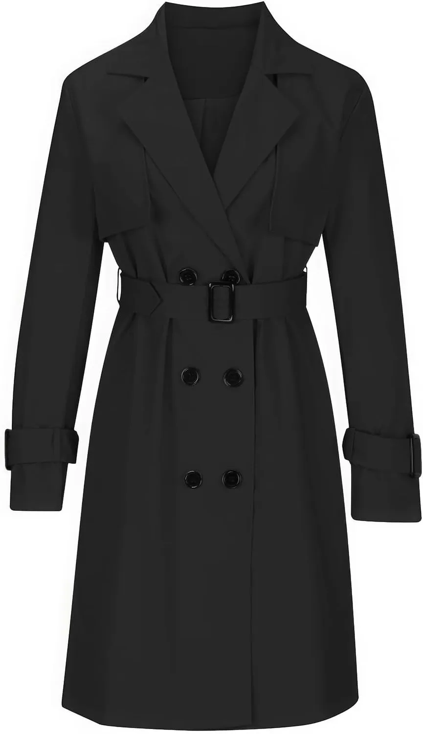 ebossy Women's Trench Coat Double Breasted Windbreaker Classic Lapel Mid Long Outwear with Belt