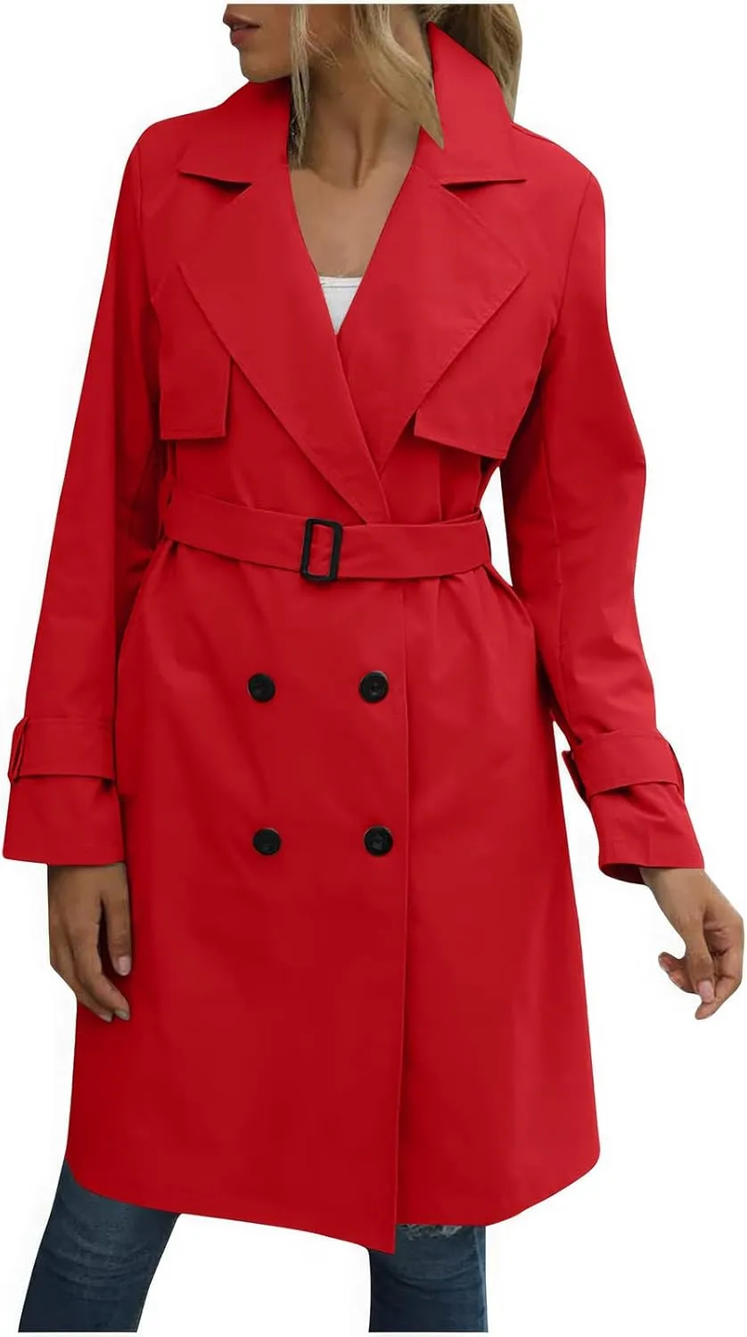 ebossy Women's Trench Coat Double Breasted Windbreaker Classic Lapel Mid Long Outwear with Belt