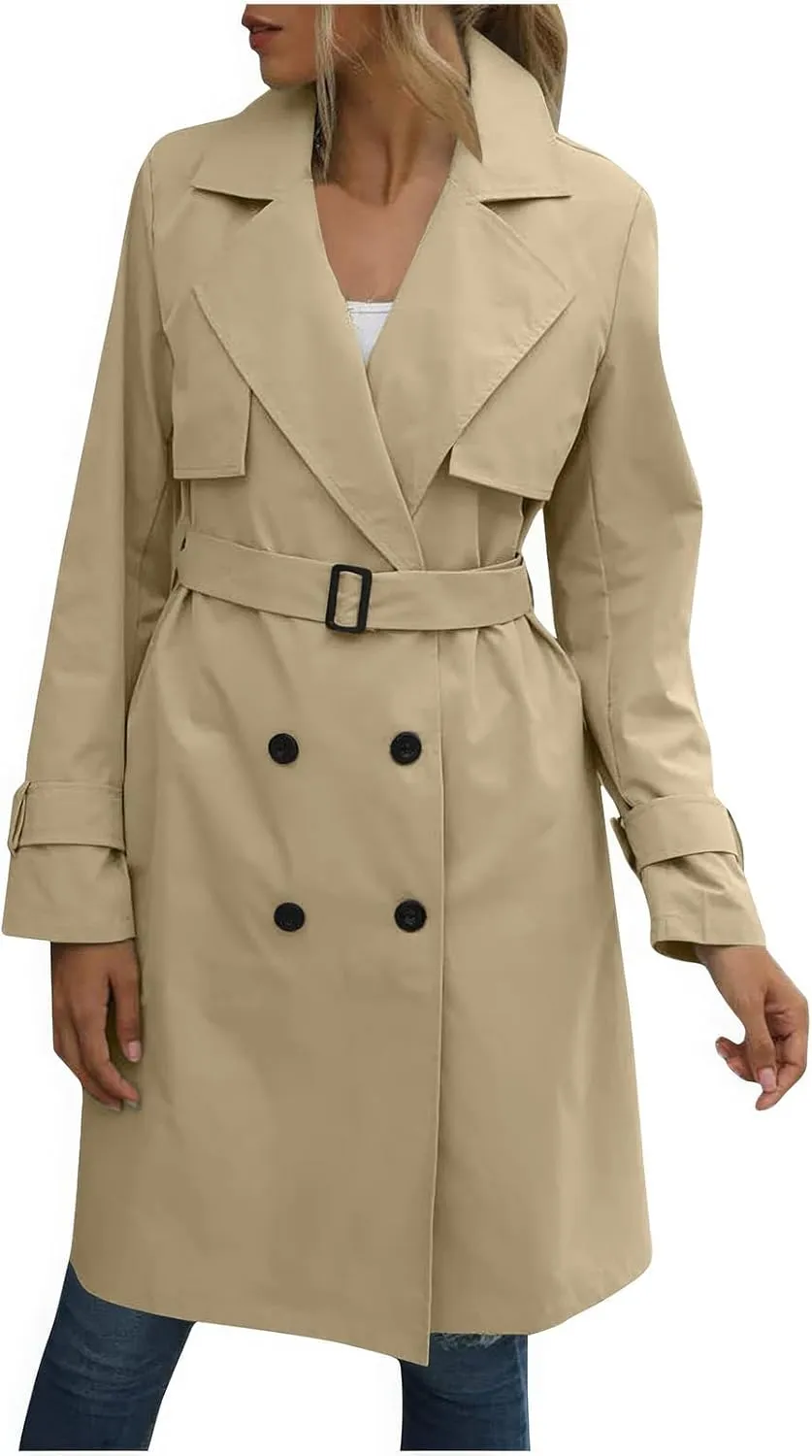ebossy Women's Trench Coat Double Breasted Windbreaker Classic Lapel Mid Long Outwear with Belt