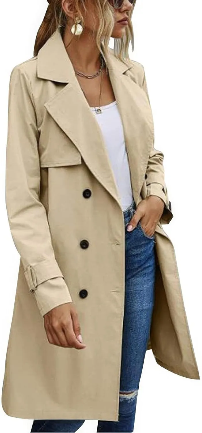 ebossy Women's Trench Coat Double Breasted Windbreaker Classic Lapel Mid Long Outwear with Belt