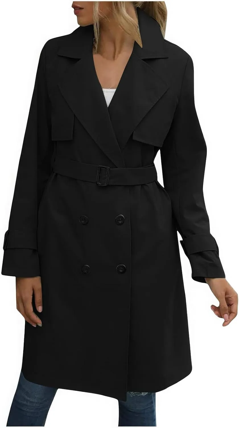 ebossy Women's Trench Coat Double Breasted Windbreaker Classic Lapel Mid Long Outwear with Belt