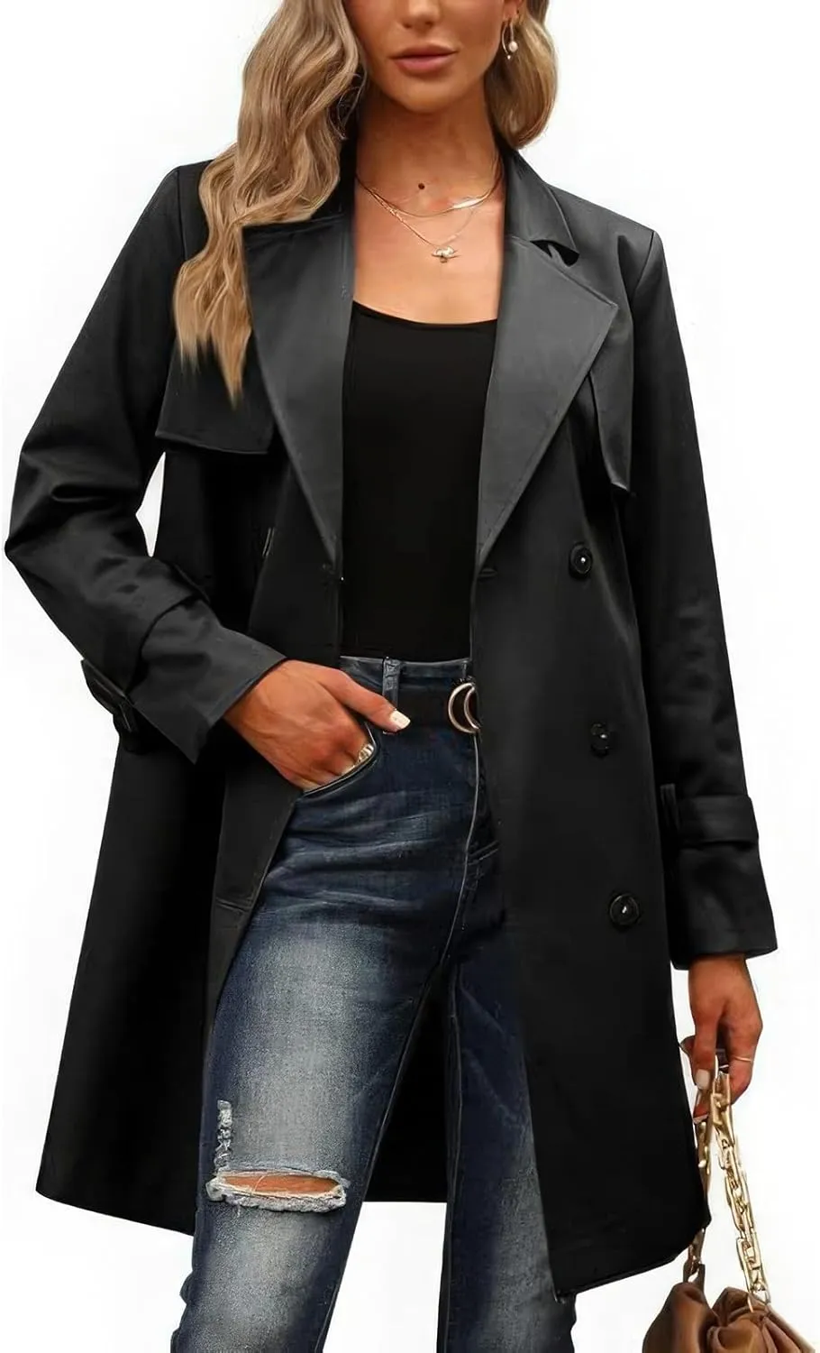 ebossy Women's Trench Coat Double Breasted Windbreaker Classic Lapel Mid Long Outwear with Belt