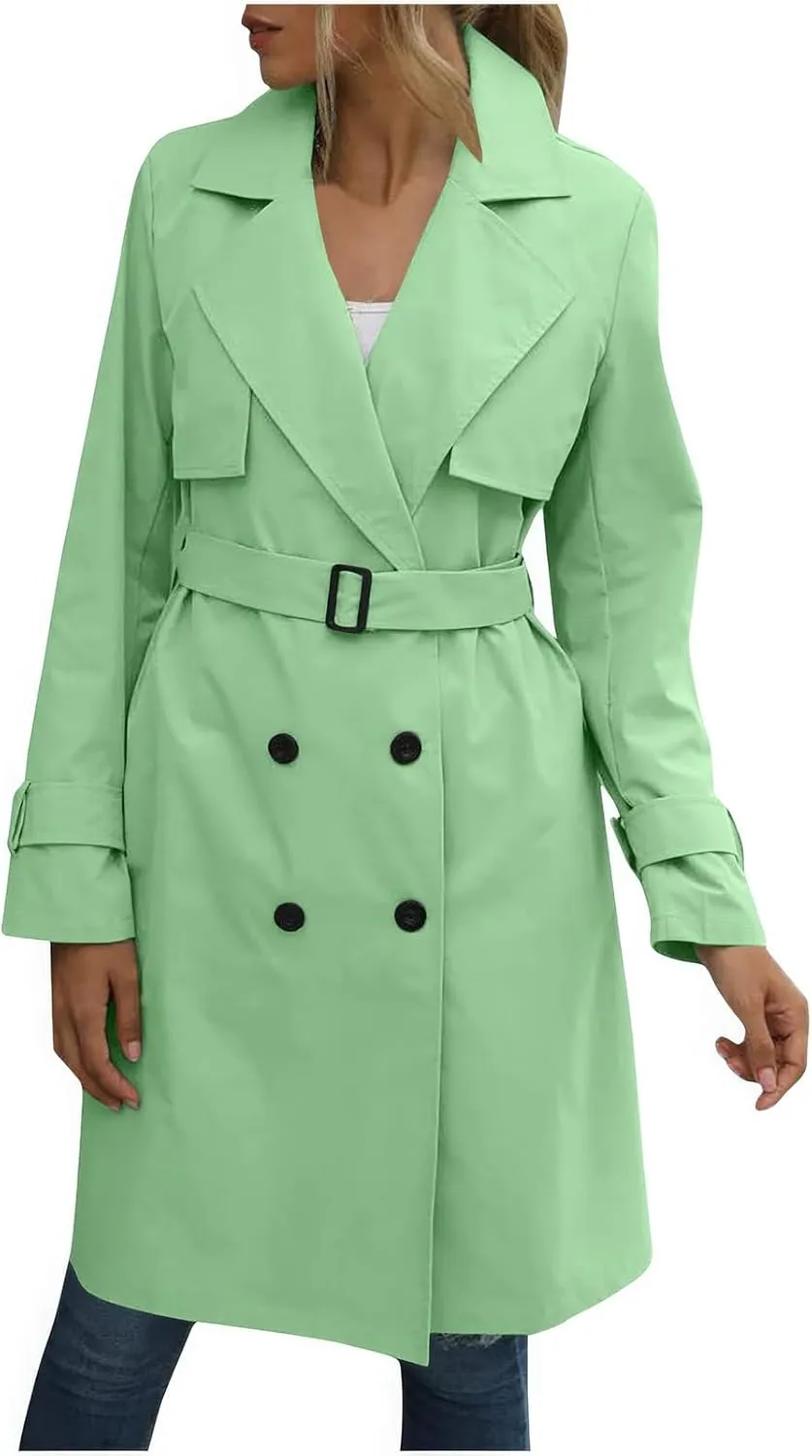 ebossy Women's Trench Coat Double Breasted Windbreaker Classic Lapel Mid Long Outwear with Belt