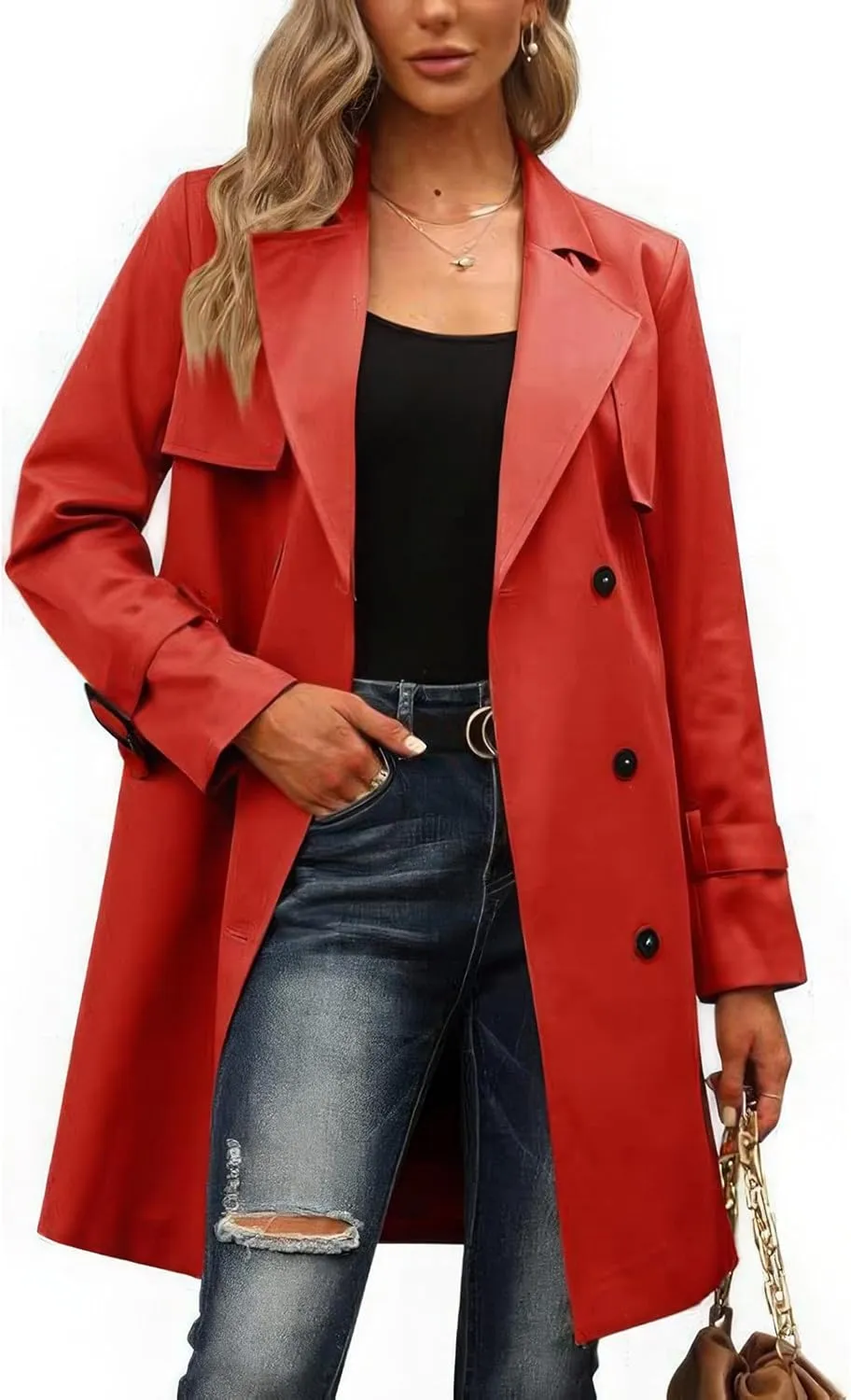 ebossy Women's Trench Coat Double Breasted Windbreaker Classic Lapel Mid Long Outwear with Belt