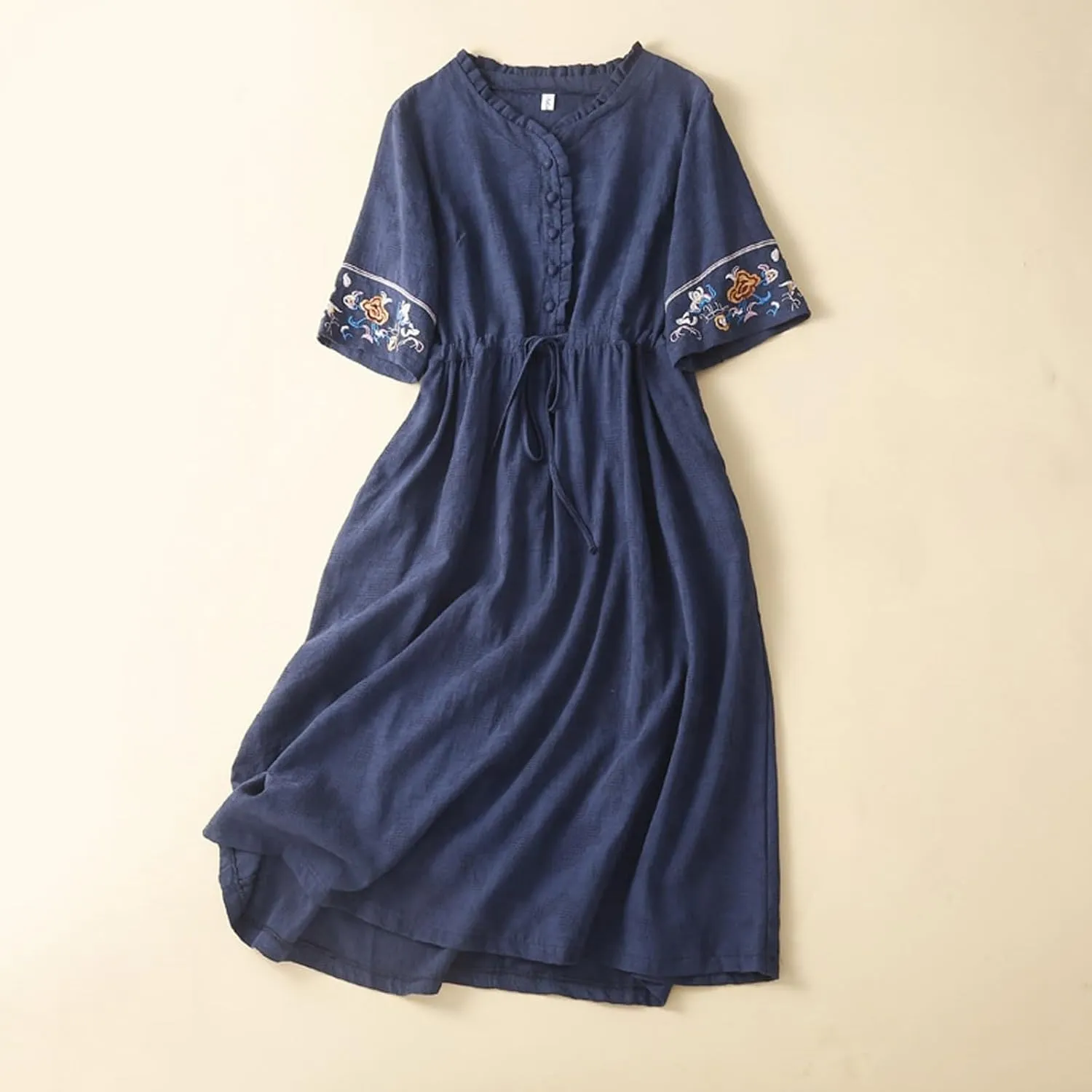 Embroidered Linen Maxi Dress Women Casual Summer Boho Petite Cotton Midi Dresses Short Sleeve A Line Beach Dress