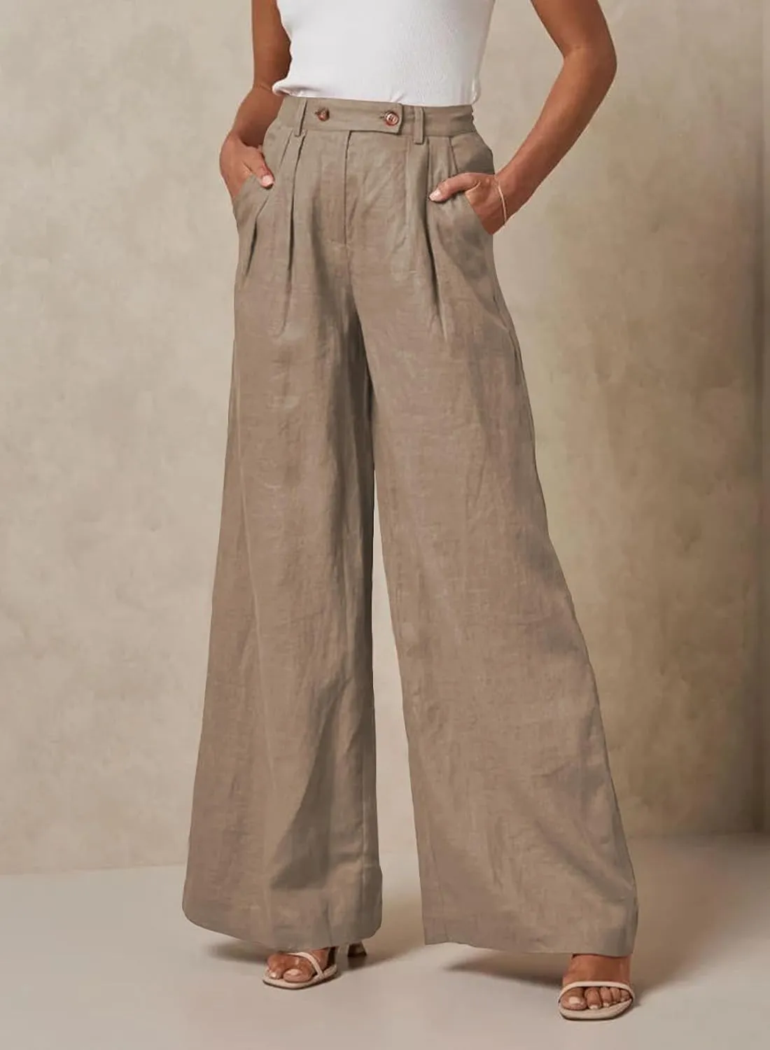 EVALESS Wide Leg Linen Pants for Women 2024 Summer Casual Elastic High Waisted Palazzo Pants Flowy Trousers with Pockets
