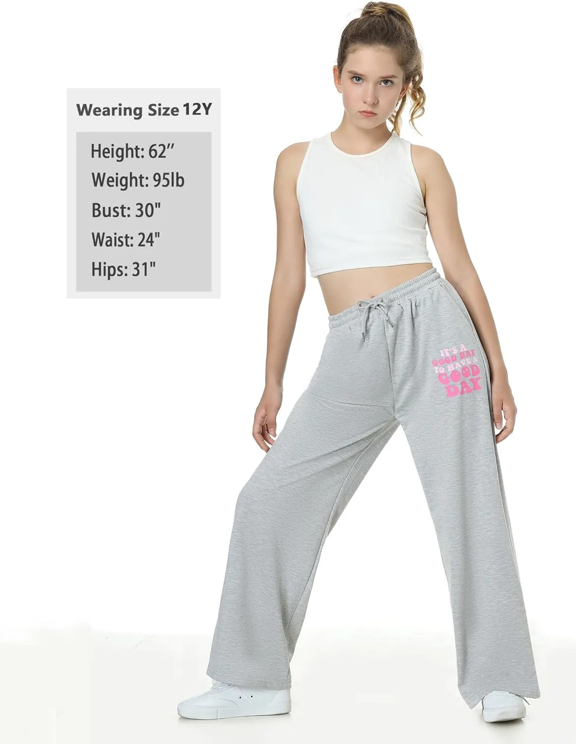 EXARUS 3 Pack Girls Sweatpants Letter Graphic Print with Pockets Sweat Pants High Waisted Cute Joggers 6-14Y
