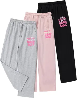 EXARUS 3 Pack Girls Sweatpants Letter Graphic Print with Pockets Sweat Pants High Waisted Cute Joggers 6-14Y