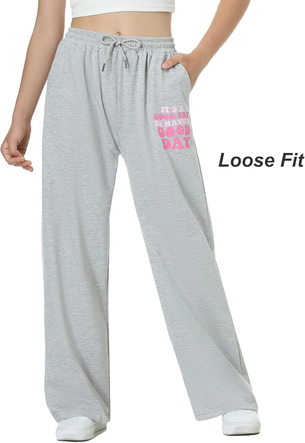 EXARUS 3 Pack Girls Sweatpants Letter Graphic Print with Pockets Sweat Pants High Waisted Cute Joggers 6-14Y