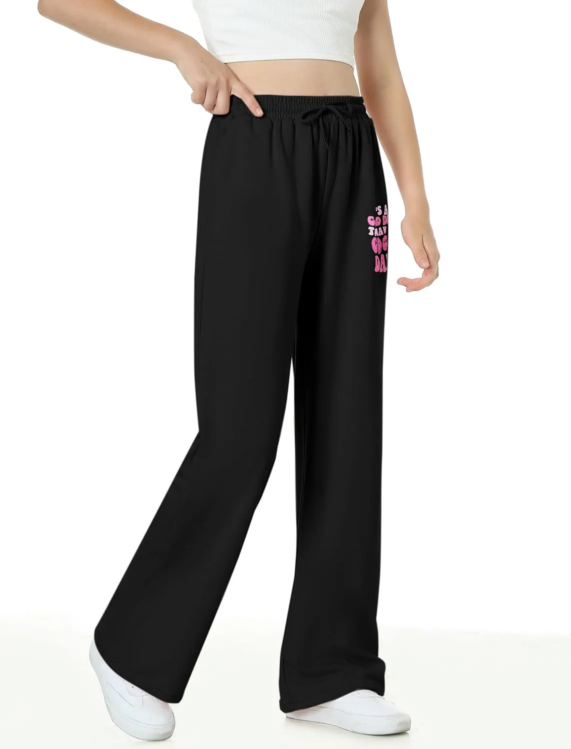 EXARUS 3 Pack Girls Sweatpants Letter Graphic Print with Pockets Sweat Pants High Waisted Cute Joggers 6-14Y