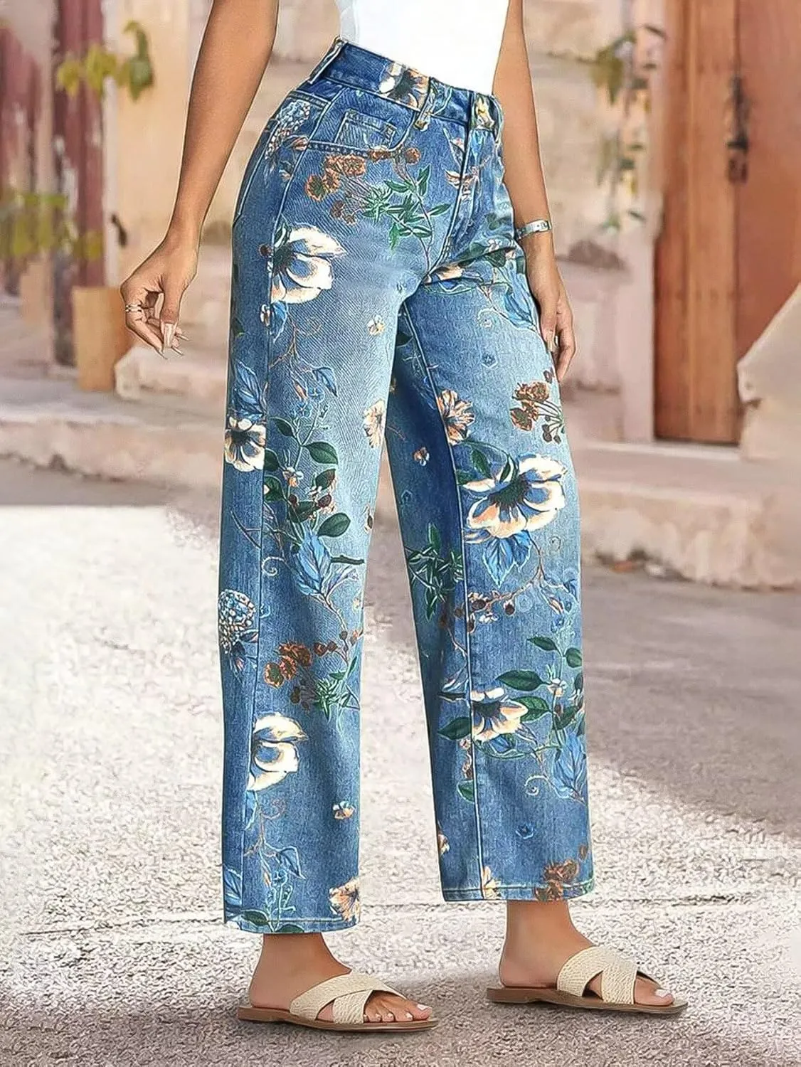 Flamingals High-Rise Vintage Floral Straight Leg Pants for Women Summer Casual Denim Pants
