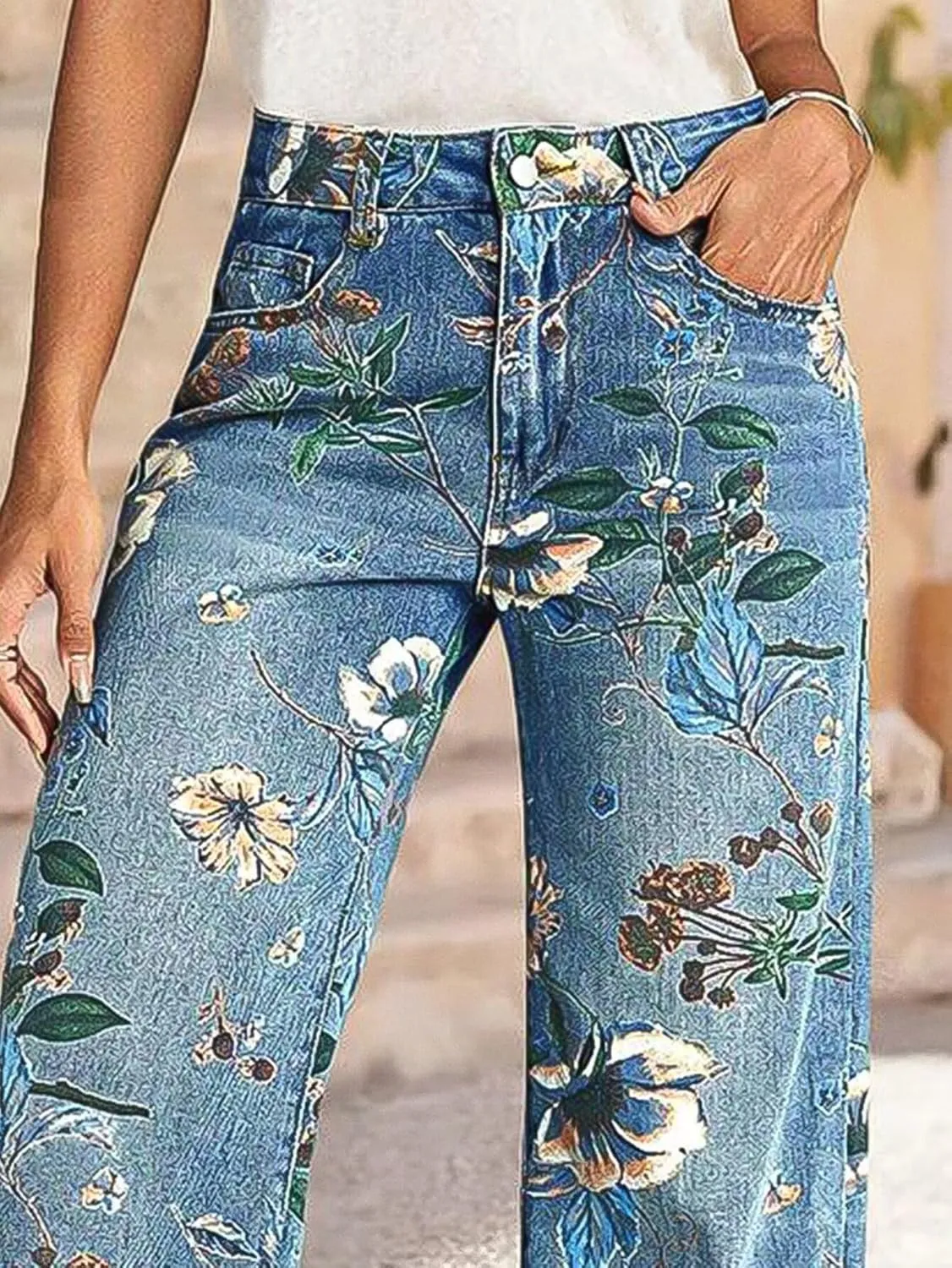 Flamingals High-Rise Vintage Floral Straight Leg Pants for Women Summer Casual Denim Pants