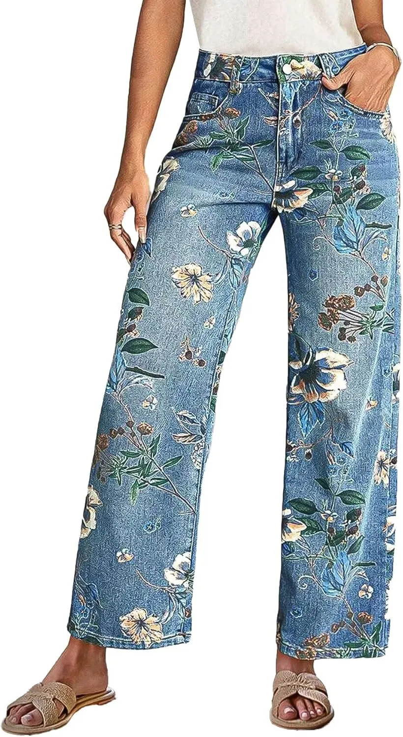 Flamingals High-Rise Vintage Floral Straight Leg Pants for Women Summer Casual Denim Pants
