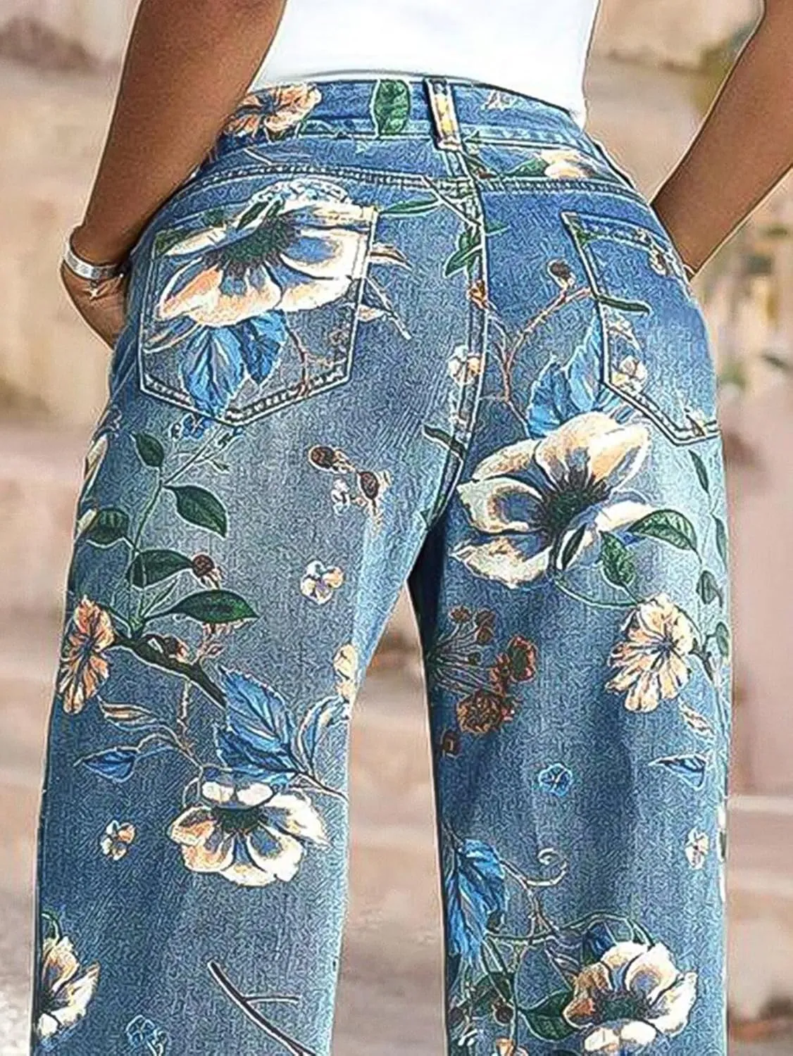 Flamingals High-Rise Vintage Floral Straight Leg Pants for Women Summer Casual Denim Pants