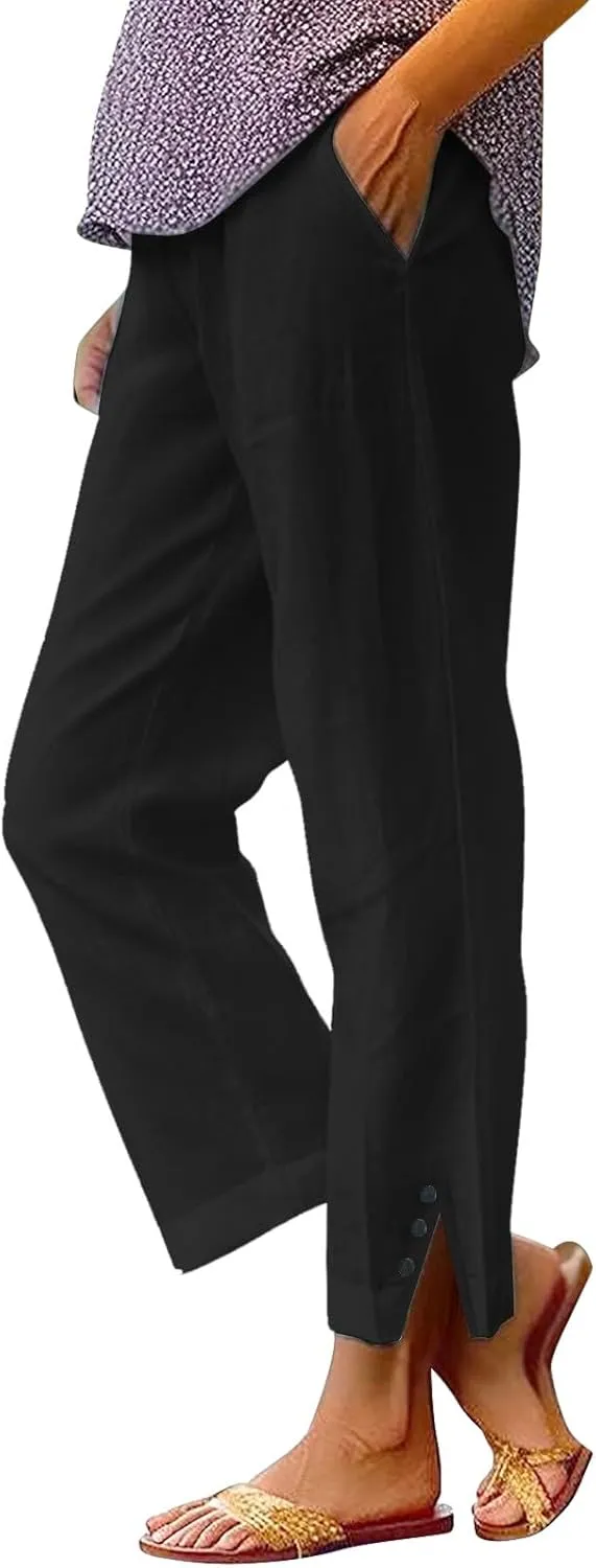 Fleece Lined Leggings Women Elastic Pants Long Drawstring Linen Women Waist Cotton Casual Trousers with Side Pockets