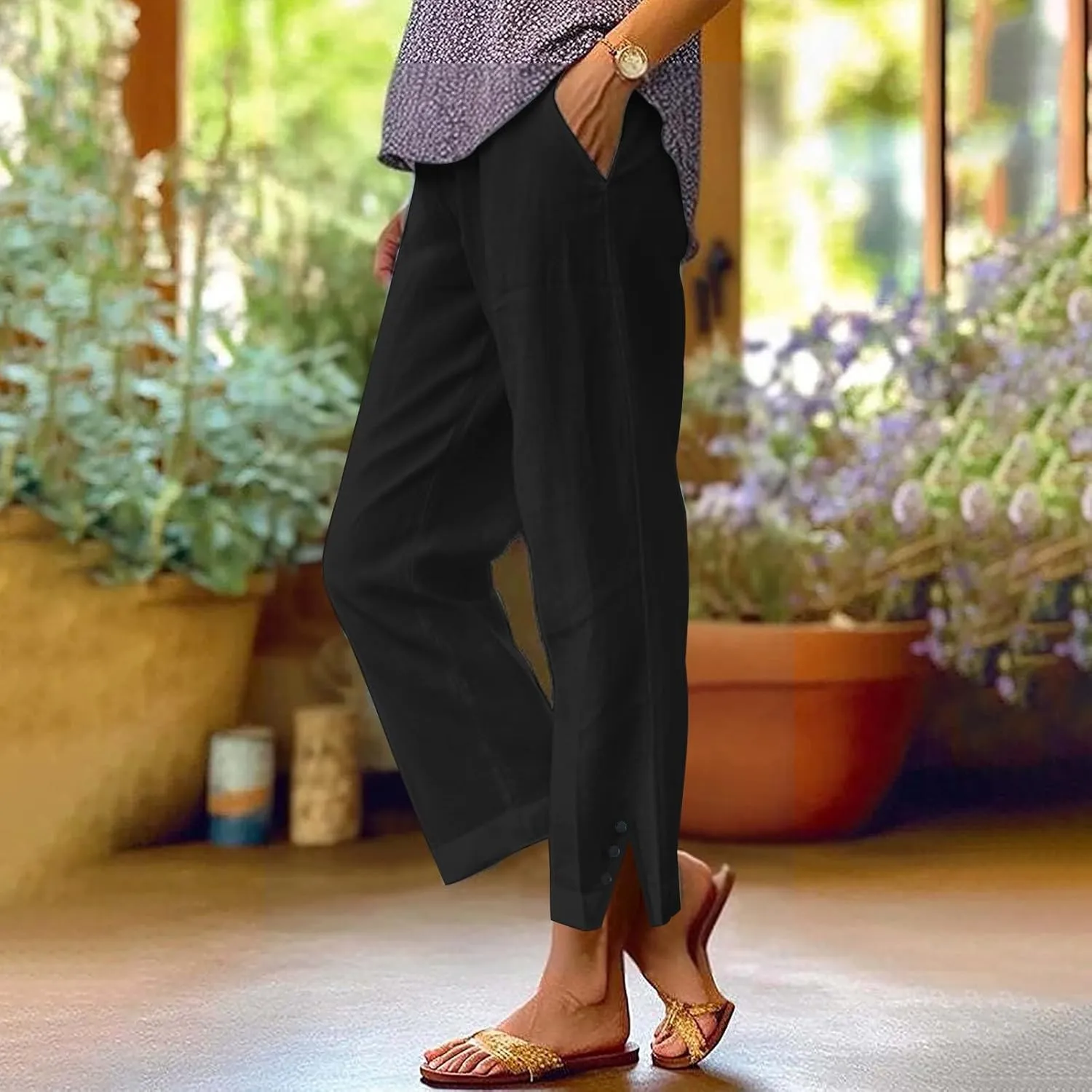 Fleece Lined Leggings Women Elastic Pants Long Drawstring Linen Women Waist Cotton Casual Trousers with Side Pockets