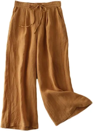 FTCayanz Women's Linen Cropped Wide Leg Pants Elastic Waist Casual Palazzo Trousers with Pockets
