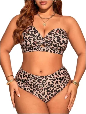 GORGLITTER Women's Plus Cheetah Print Strapless Swimsuits Animal Leopard High Waisted Bikini Sets 2 Piece Bathing Suits