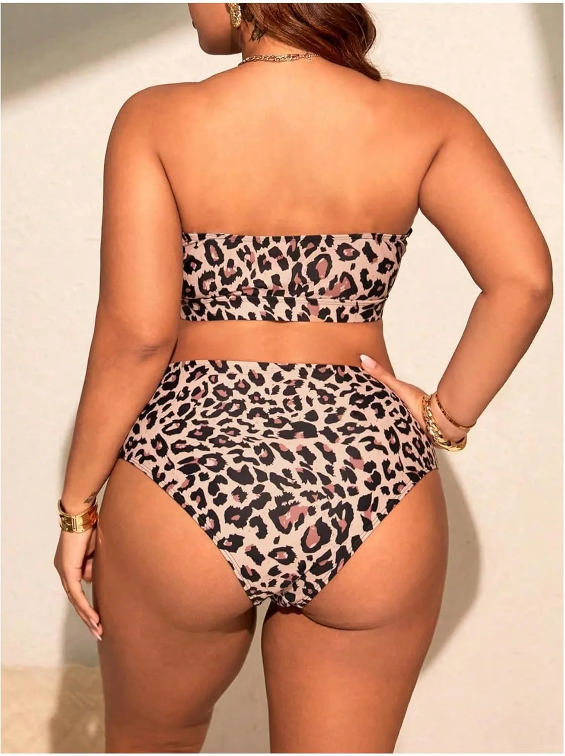 GORGLITTER Women's Plus Cheetah Print Strapless Swimsuits Animal Leopard High Waisted Bikini Sets 2 Piece Bathing Suits